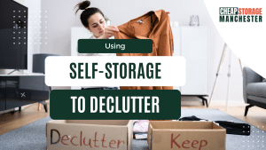 A women dividing her items into two boxes: Declutter and Keep